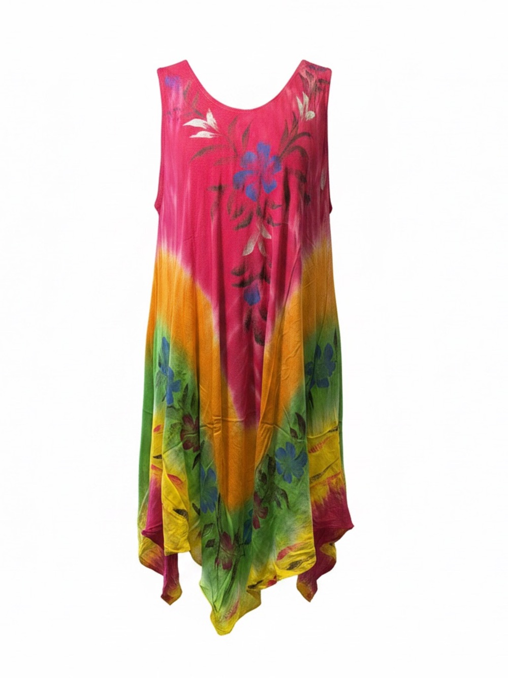 Vibrant Tie-Dye Floral Handkerchief Hem Dress - Pink, Yellow, Green